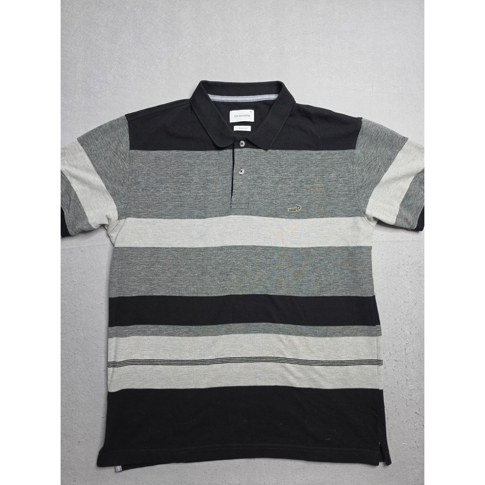 Crocodile Polo Shirt Men's XL Gray Black Striped‎ Cotton Slim Fit Performance